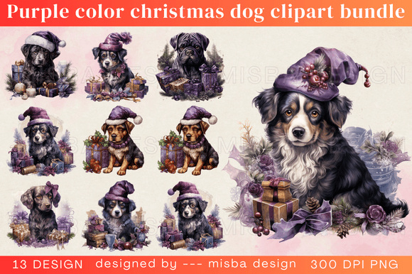 Purple Color Christmas Dog Clipart: Festive Design Asset Guide