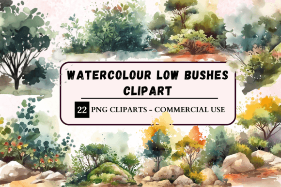 Watercolour Low Bushes Clipart for Nature-Inspired Design